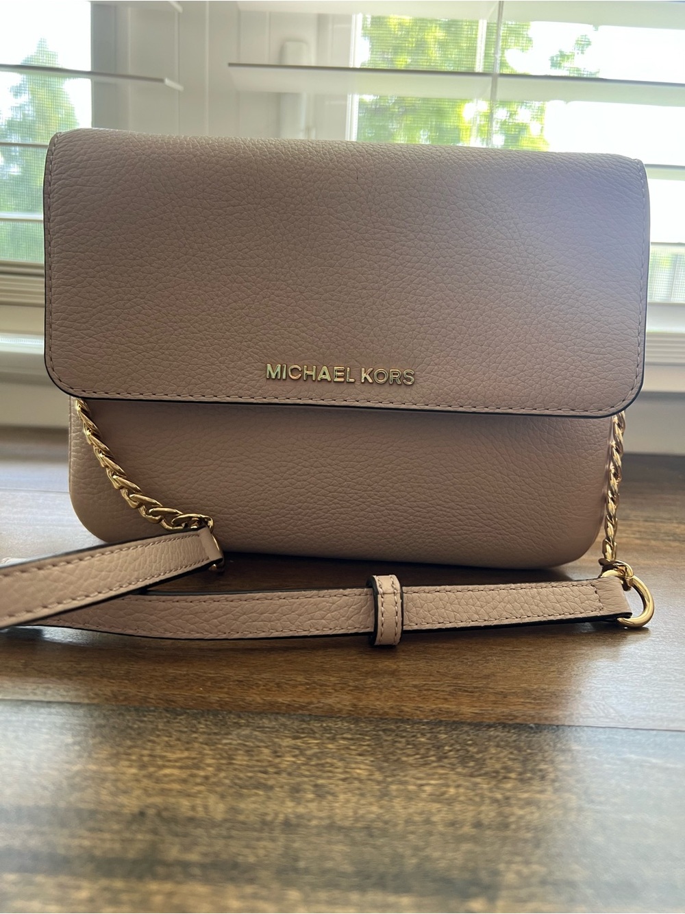 Michael Kors Bedford Double Gusset Crossbody Flap Bag Pebbled Leather Soft Pink